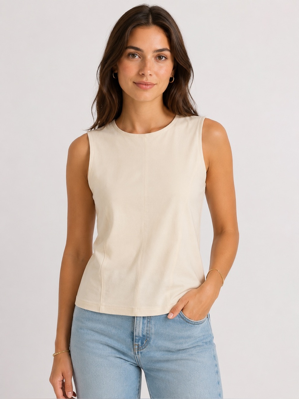 Sleeveless Crewneck Tank Top in Cream
